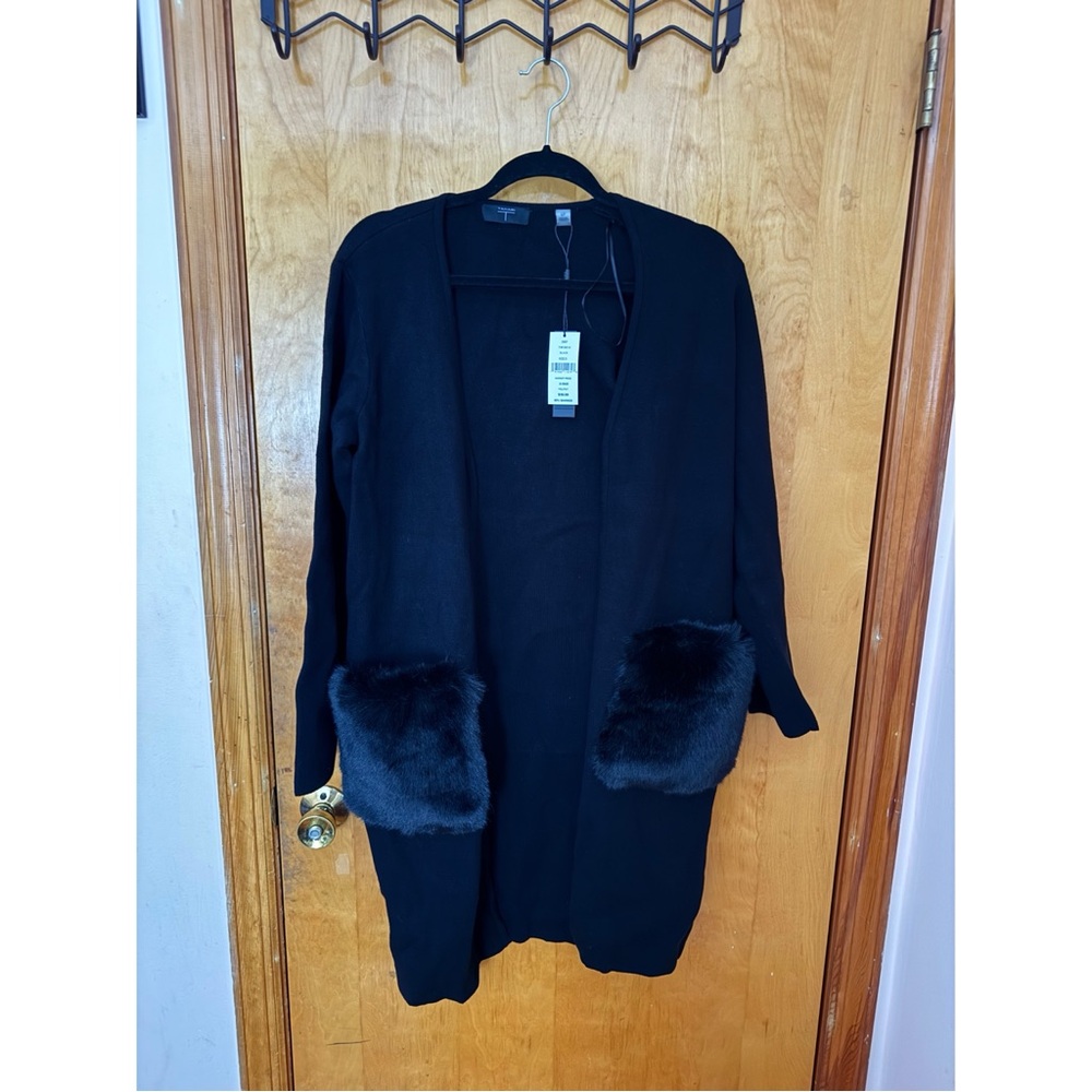 🆕 T Tahari Black Open-Front Cardigan with Faux Fur Pockets (Size Small) - NWT - Picture 5 of 6